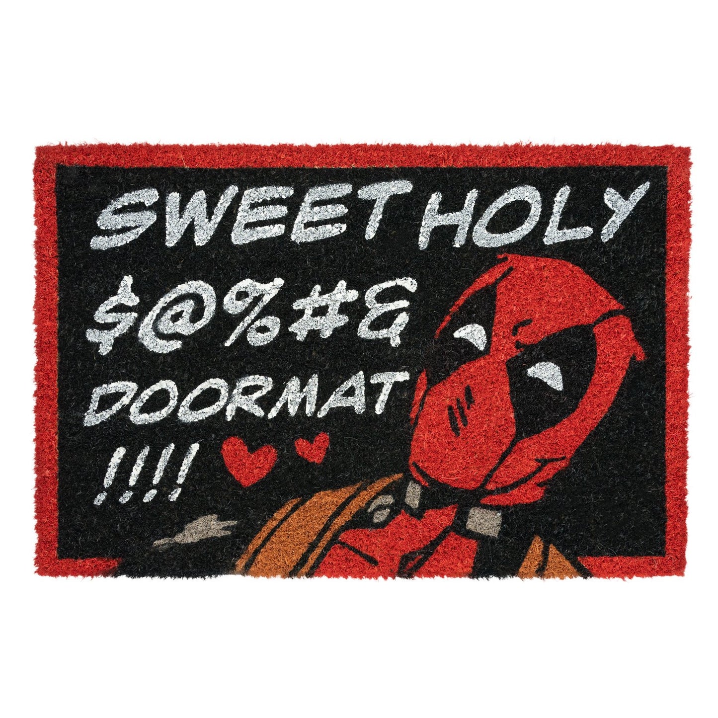 Deadpool deurmat met een design geïnspireerd op de beroemde antiheld, gemaakt van kokosvezel met antislip PVC-onderkant, ideaal voor een humoristische en praktische decoratie van je huis.