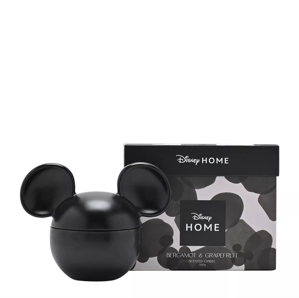Zwarte matte keramieken Disney Mickey Mouse geurkaars met deksel, gepresenteerd in een luxe doos met zwarte kwast.