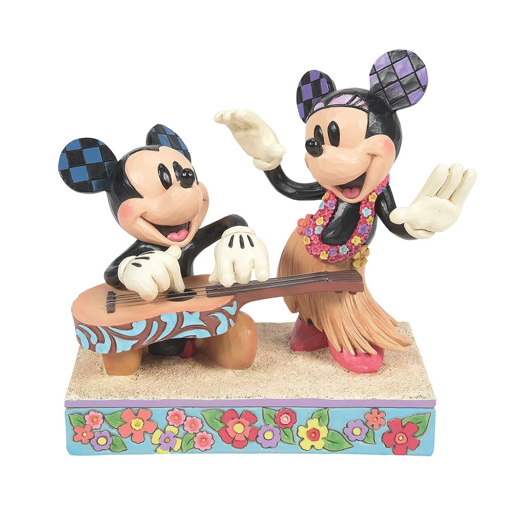 Disney Traditions Mickey & Minnie Hawaii beeld van Jim Shore, handbeschilderd Disney verzamelbeeld van Mickey en Minnie Mouse in tropische Hawaiiaanse stijl met zomerse details.
