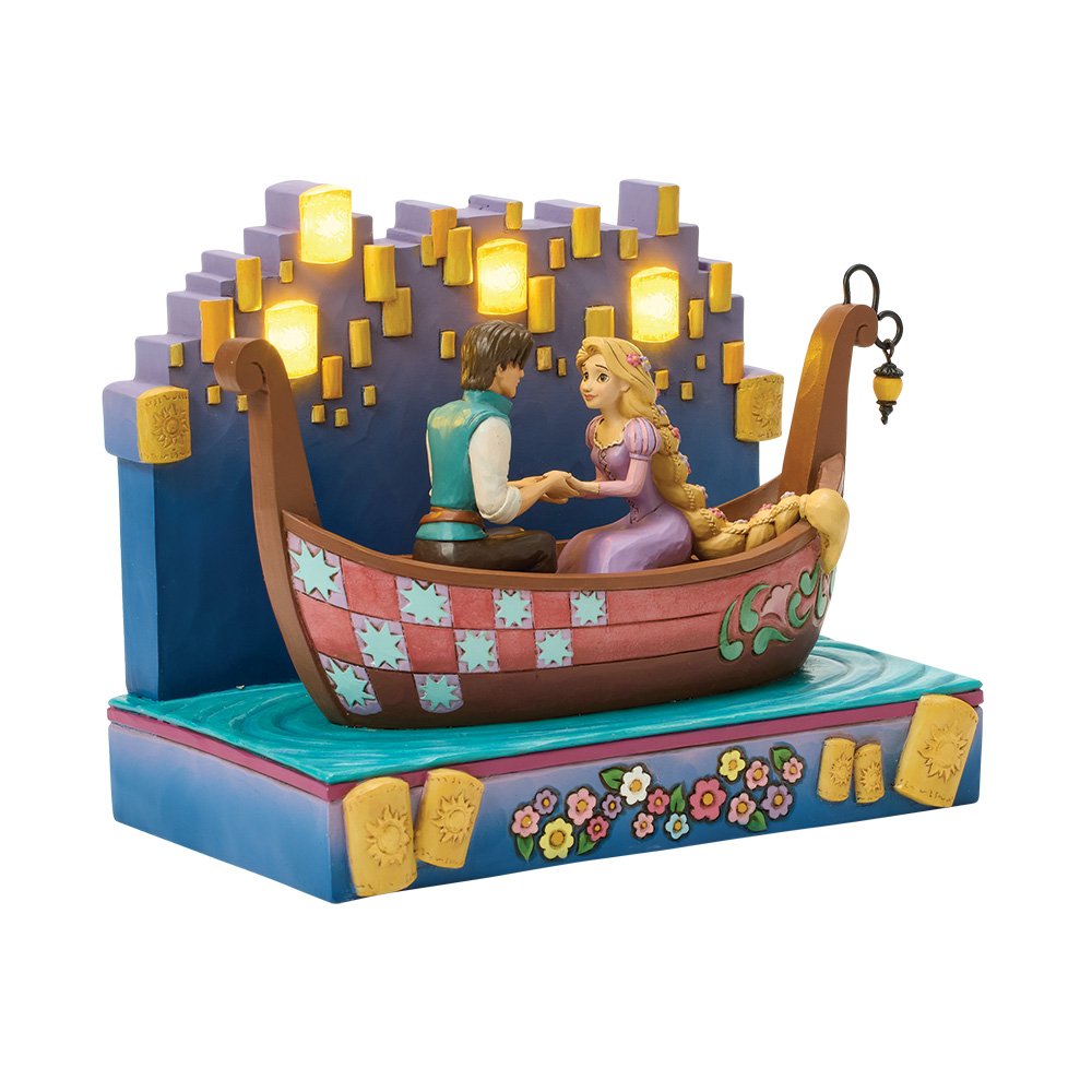 Jim Shore Disney Rapunzel beeldje in boot met lantaarns, romantisch Disney Traditions verzamelbeeld geïnspireerd op Tangled.