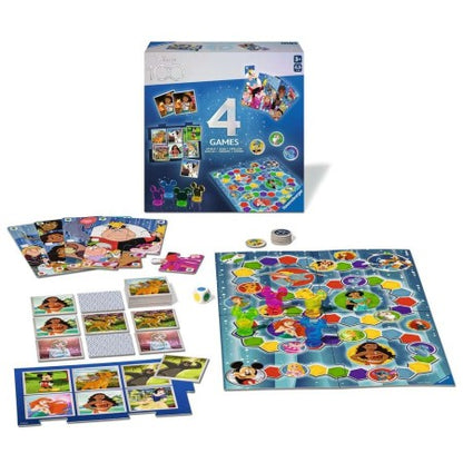Ontdek de magische wereld van Disney met de Disney 100 4-in-1 Bordspellen. Deze uitzonderlijke bundel biedt vier tijdloze bordspellen, elk doordrongen van de charme van geliefde Disney-personages en -omgevingen. Van avonturen in Arendelle tot verkennen van de straten van Parijs, dit pakket garandeert urenlang vermaak voor alle leeftijden.