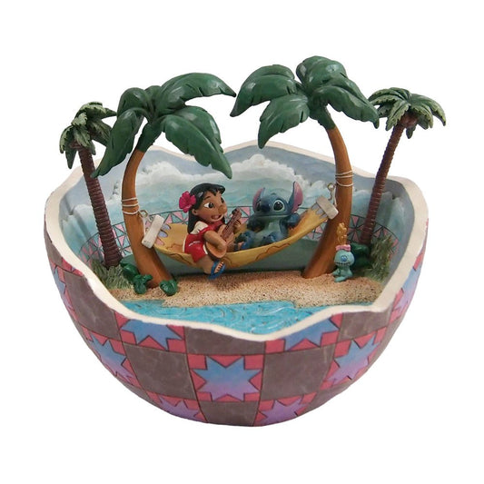Disney Traditions Lilo en Stitch Coconut beeld van Jim Shore met tropisch kokosnoot thema en handgeschilderde details.