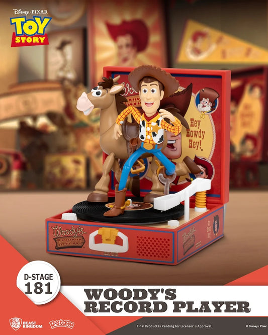 Disney Toy Story Woody en Bullseye D-Stage diorama van Beast Kingdom op retro platenspeler.