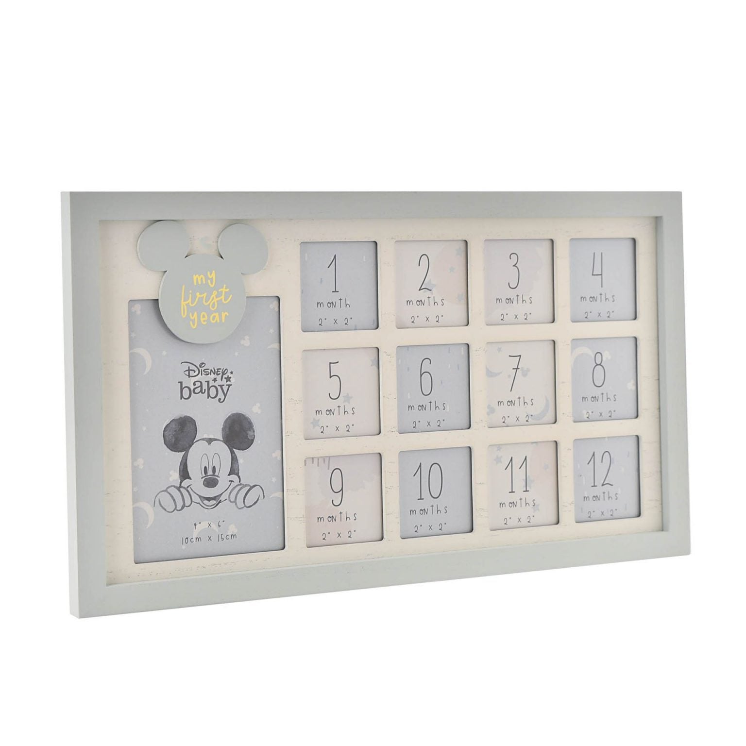 Disney Baby Mickey Mouse fotolijst voor eerste jaar met 12 maandfoto's en babyfoto in stijlvolle mijlpaalfotolijst.